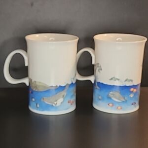 DUNOON Bone China Set 2 Mugs DEEP SEA DIVERS By Cherry Denman Dolphins England